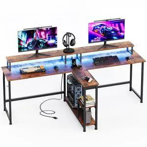 83.7" Two Person Gaming Desk, Long Computer Office Desk with Charging Station and LED Lights, Double Desks with Monitor Stand and Shelves, Study Writing Table Workstation for Home Office, Vintage 83.7" Two Person Gaming Desk, Long Computer Office Desk with Charging Station and LED Lights, Double Desks with Monitor Stand and Shelves, Study Writing Table Workstation for Home Office, Vintage