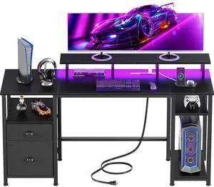 Furologee 61" Gaming Desk with Power Outlets & LED Lights, Reversible Computer Desk with File Cabinet & Monitor Stand for Home Office, Large Work Table with Storage Shelves & Drawer, Black Furologee 61" Gaming Desk with Power Outlets & LED Lights, Reversible Computer Desk with File Cabinet & Monitor Stand for Home Office, Large Work Table with Storage Shelves & Drawer, Black
