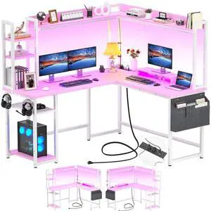 Aheaplus L Shaped Desk with Power Outlet, L Shaped Gaming Desk with Led Light & Hutch, Reversible Home Office Desk, Corner Computer Desk with Monitor Stand & Storage Shelves, Pink Aheaplus L Shaped Desk with Power Outlet, L Shaped Gaming Desk with Led Light & Hutch, Reversible Home Office Desk, Corner Computer Desk with Monitor Stand & Storage Shelves, Pink