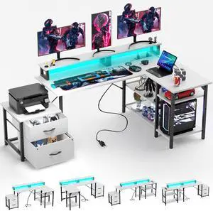 YOUNGAR Office Desk L Shape with File Drawers&Power Outlet, 69.3 Inch Reversible L Shaped Computer Desks,Corner L Shape or Long Desk Set up, Monitor Stand &Storage Shelves,LED Lights&CPU Stand,White YOUNGAR Office Desk L Shape with File Drawers&Power Outlet, 69.3 Inch Reversible L Shaped Computer Desks,Corner L Shape or Long Desk Set up, Monitor Stand &Storage Shelves,LED Lights&CPU Stand,White