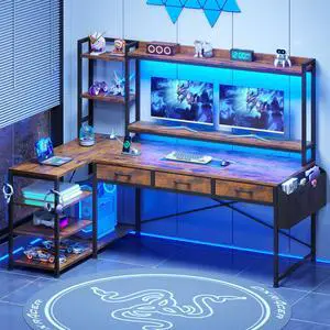 SEDETA 55" L Shaped Desk with Hutch, Corner Computer Desk with Drawers & Shelves, Reversible L Shaped Gaming Desk with Power Strip & LED Lights, Monitor Stand, Headphone Hook, Rustic Brown SEDETA 55" L Shaped Desk with Hutch, Corner Computer Desk with Drawers & Shelves, Reversible L Shaped Gaming Desk with Power Strip & LED Lights, Monitor Stand, Headphone Hook, Rustic Brown