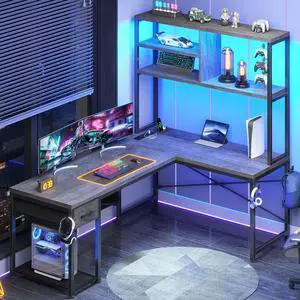 SEDETA L Shaped Gaming Desk, 51.2" Reversible Small Corner Desk with Drawer, Power Outlet & LED Lights, Computer Desk with Storage Shelves for Small Space, Grey SEDETA L Shaped Gaming Desk, 51.2" Reversible Small Corner Desk with Drawer, Power Outlet & LED Lights, Computer Desk with Storage Shelves for Small Space, Grey