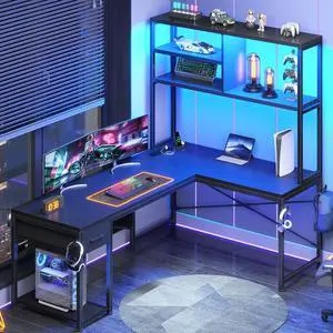 SEDETA L Shaped Gaming Desk, 51.2" Reversible Small Corner Desk with Drawer, Power Outlet & LED Lights, Computer Desk with Storage Shelves for Small Space, Black SEDETA L Shaped Gaming Desk, 51.2" Reversible Small Corner Desk with Drawer, Power Outlet & LED Lights, Computer Desk with Storage Shelves for Small Space, Black