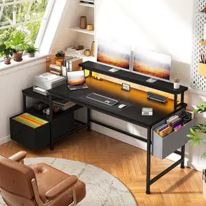 Gaming Desk with Monitor Stand,Computer Desk with LED Lights &Power Outlets,Office Desk with Drawers & Printer Shelf,Writing Table with Side Storage Bag,57" W x 20" D x 36" H,Black Desk Gaming Desk with Monitor Stand,Computer Desk with LED Lights &Power Outlets,Office Desk with Drawers & Printer Shelf,Writing Table with Side Storage Bag,57" W x 20" D x 36" H,Black Desk