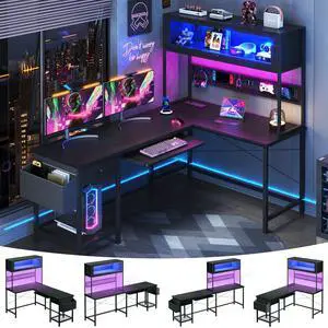 L Shaped Gaming Desk with Power Outlets & LED Lights, 49'' Reversible Computer Desk with Hutch & Pegboard & Display Cabinet, Corner Home Office Desk with Drawer & Keyboard Tray & Storage Bag, Black L Shaped Gaming Desk with Power Outlets & LED Lights, 49'' Reversible Computer Desk with Hutch & Pegboard & Display Cabinet, Corner Home Office Desk with Drawer & Keyboard Tray & Storage Bag, Black
