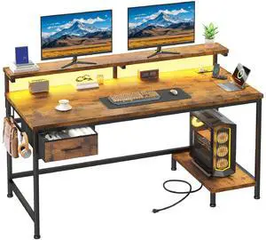 39.3Inch Office Desk with Power Outlet & Drawer, Gaming Desk with CPU Stand& LED Lights,Computer Desk with Ergonomic Monitor Stand for Small Space,Rustic Brown 39.3Inch Office Desk with Power Outlet & Drawer, Gaming Desk with CPU Stand& LED Lights,Computer Desk with Ergonomic Monitor Stand for Small Space,Rustic Brown