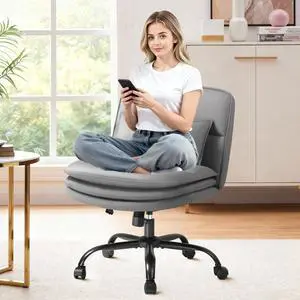 Furmax Criss Cross Legged Office Chair with Wheels, Armless Extra Wide Seat Swivel Desk Chair, Adjustable Height Comfy Task Chair with Thick Cushion for Home Office Bedroom Vanity (PU Leather, Grey) Furmax Criss Cross Legged Office Chair with Wheels, Armless Extra Wide Seat Swivel Desk Chair, Adjustable Height Comfy Task Chair with Thick Cushion for Home Office Bedroom Vanity (PU Leather, Grey)