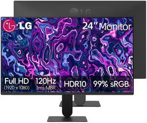 24 inch FHD (1920 x 1080) IPS Computer Monitor, 120Hz, 5ms MBR, HDR10, Dynamic Action Sync, 99% sRGB, VGA, HDMI, Reader Mode, Flicker Safe, Virtually Borderless Design, Tilt Adjustable, Black 24 inch FHD (1920 x 1080) IPS Computer Monitor, 120Hz, 5ms MBR, HDR10, Dynamic Action Sync, 99% sRGB, VGA, HDMI, Reader Mode, Flicker Safe, Virtually Borderless Design, Tilt Adjustable, Black