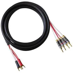 Canare 4S11 Speaker Cable, with Ultrasonically-Welded Bi-Wire Terminations (One Cable - for one Speaker); Assembled in The USA (30 Foot, Black, Two Spades to Four Bananas) Canare 4S11 Speaker Cable, with Ultrasonically-Welded Bi-Wire Terminations (One Cable - for one Speaker); Assembled in The USA (30 Foot, Black, Two Spades to Four Bananas)