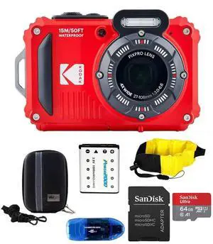 PIXPRO WPZ2 Waterproof Digital Camera Bundle, Includes: SanDisk 64GB MicroSD Memory Card, Spare Battery and More (6 Items) (Red) PIXPRO WPZ2 Waterproof Digital Camera Bundle, Includes: SanDisk 64GB MicroSD Memory Card, Spare Battery and More (6 Items) (Red)