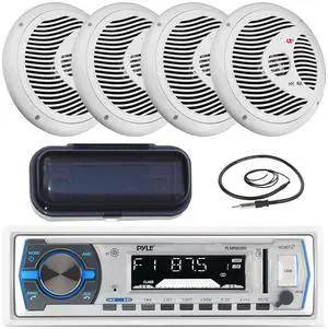 Single DIN Marine Bluetooth USB/AM/FM Stereo Receiver with Remote Control, 4X 6.5 150 Watt Max 2 Way White Boat Speakers, Cover, Antenna Single DIN Marine Bluetooth USB/AM/FM Stereo Receiver with Remote Control, 4X 6.5 150 Watt Max 2 Way White Boat Speakers, Cover, Antenna
