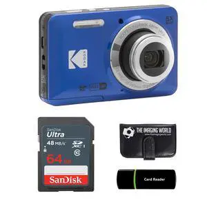Kodak PIXPRO FZ55 Blue 16MP Digital Camera 5X Optical Zoom 28mm Wide Angle 1080P Full HD Video 2.7" LCD Camera + 64GB Card and Reader + Memory Wallet Kodak PIXPRO FZ55 Blue 16MP Digital Camera 5X Optical Zoom 28mm Wide Angle 1080P Full HD Video 2.7" LCD Camera + 64GB Card and Reader + Memory Wallet