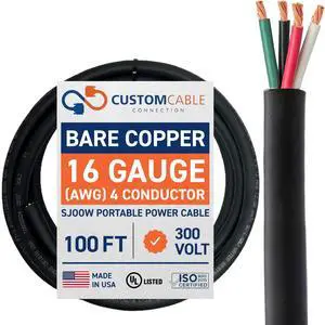 16/4 SJOOW 300V Cable 16 Gauge (16 AWG) Portable Power Cable with 4 Conductors Fully Annealed Stranded Bare Copper Wires Water & Oil Resistant for Heavy Duty Industrial Use USA Made (100ft) 16/4 SJOOW 300V Cable 16 Gauge (16 AWG) Portable Power Cable with 4 Conductors Fully Annealed Stranded Bare Copper Wires Water & Oil Resistant for Heavy Duty Industrial Use USA Made (100ft)