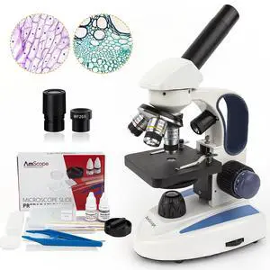 40X-1000X Cordless Dual LED Illumination Lab Compound Monocular Microscope + SP-14 Slide Preparation Kit with Blank & Prepared Slides and Stains 40X-1000X Cordless Dual LED Illumination Lab Compound Monocular Microscope + SP-14 Slide Preparation Kit with Blank & Prepared Slides and Stains