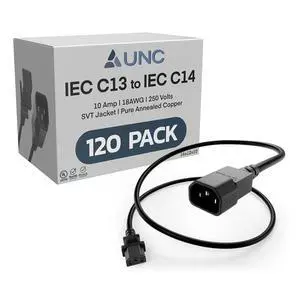 PDU Power Cable C13 to C14, 2.5 Foot - 120 Pack Black, 10 Amp - SJT 250V, UL Listed, 18AWG IEC Extension Cord, Reliable Server Rack Power Cable for PDU, UPS, Network Equipment, Data Centers PDU Power Cable C13 to C14, 2.5 Foot - 120 Pack Black, 10 Amp - SJT 250V, UL Listed, 18AWG IEC Extension Cord, Reliable Server Rack Power Cable for PDU, UPS, Network Equipment, Data Centers