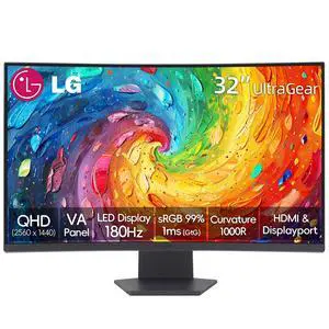 32 Inch UltraGear QHD Curved Gaming Monitor, 180Hz, 1ms, AMD FreeSync, HDR10, 99% sRGB, 1000R Curve, Black Stabilizer, Dual Controller, HDMI & DisplayPort, 3-Side Borderless, Tilt Adjustment, Black 32 Inch UltraGear QHD Curved Gaming Monitor, 180Hz, 1ms, AMD FreeSync, HDR10, 99% sRGB, 1000R Curve, Black Stabilizer, Dual Controller, HDMI & DisplayPort, 3-Side Borderless, Tilt Adjustment, Black