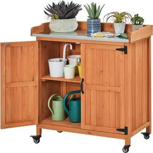 Garden Potting Bench Table - Outdoor Garden Patio Wooden Storage Cabinet & Solid Wood Planting Work Bench with Large Space Storage & Metal-Plated Tabletop, Brown Garden Potting Bench Table - Outdoor Garden Patio Wooden Storage Cabinet & Solid Wood Planting Work Bench with Large Space Storage & Metal-Plated Tabletop, Brown