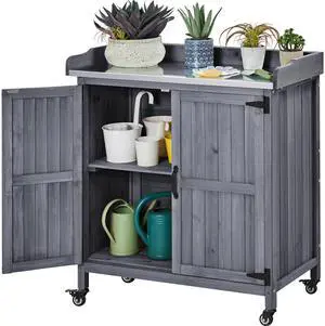 Garden Potting Bench Table, Outdoor Garden Horticultural Wooden Storage Cabinet & Solid Wood Planting Work Bench with Large Space Storage & Metal-Plated Tabletop, Gray Garden Potting Bench Table, Outdoor Garden Horticultural Wooden Storage Cabinet & Solid Wood Planting Work Bench with Large Space Storage & Metal-Plated Tabletop, Gray