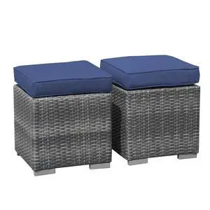 2 Pieces Assembled Outdoor Patio Ottoman, Indoor Outdoor All-Weather Grey Wicker Rattan Outdoor Footstool Footrest Seat w/Navy Blue Cushions,Outdoor Ottoman for Patio,No Assembly Required 2 Pieces Assembled Outdoor Patio Ottoman, Indoor Outdoor All-Weather Grey Wicker Rattan Outdoor Footstool Footrest Seat w/Navy Blue Cushions,Outdoor Ottoman for Patio,No Assembly Required