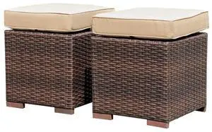 2 Pieces Assembled Outdoor Patio Ottoman, Indoor Outdoor All-Weather Dark Brown Wicker Rattan Outdoor Footstool Footrest Seat with Beige Cushions, No Assembly Required 2 Pieces Assembled Outdoor Patio Ottoman, Indoor Outdoor All-Weather Dark Brown Wicker Rattan Outdoor Footstool Footrest Seat with Beige Cushions, No Assembly Required