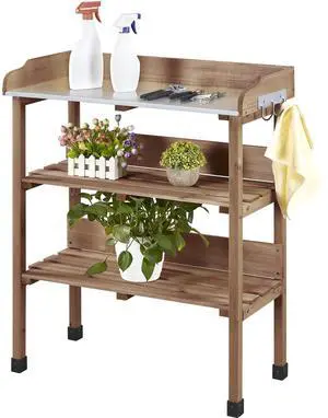 Outdoor Garden Potting Bench Table, Wooden Horticulture Planting Worstation w/Metal Tabletop/Storage Shelf/3 Hooks, Brown Outdoor Garden Potting Bench Table, Wooden Horticulture Planting Worstation w/Metal Tabletop/Storage Shelf/3 Hooks, Brown