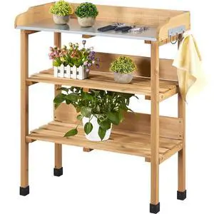 Outdoor Garden Potting Bench Table Wooden Horticulture Planting Worstation w/Metal Tabletop/Storage Shelf/3 Hooks, Natural Wood Outdoor Garden Potting Bench Table Wooden Horticulture Planting Worstation w/Metal Tabletop/Storage Shelf/3 Hooks, Natural Wood
