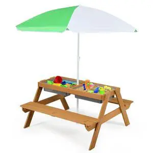 Kids Picnic Table with Sensory Bins, 4 in 1 Sand and Water Table with Height Adjustable Umbrella, Removable Tabletop for Outdoor Backyard Patio Play Kids Picnic Table with Sensory Bins, 4 in 1 Sand and Water Table with Height Adjustable Umbrella, Removable Tabletop for Outdoor Backyard Patio Play
