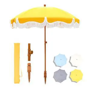 7ft Beach Umbrella with Fringe, Tassel Umbrellas UPF50+ with Tilt Button & Crank, Holiday Outdoor Umbrella with Carry Bag, Ideal for Garden Lawn Poolside, Gold Yellow 7ft Beach Umbrella with Fringe, Tassel Umbrellas UPF50+ with Tilt Button & Crank, Holiday Outdoor Umbrella with Carry Bag, Ideal for Garden Lawn Poolside, Gold Yellow