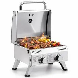 2 Burner Portable Gas Grill, 20000 BTU Outdoor Tabletop Propane Grill with Ignition, Built-in Thermometer & Full Stainless Steel Body for Patio Garden Backyard Camping BBQ Picnic 2 Burner Portable Gas Grill, 20000 BTU Outdoor Tabletop Propane Grill with Ignition, Built-in Thermometer & Full Stainless Steel Body for Patio Garden Backyard Camping BBQ Picnic