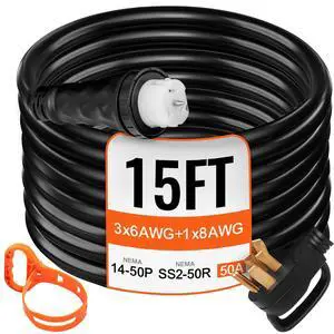 15FT 50 Amp Generator Extension Cord for RV Camper Home Backup, STW 6/3+8/1 AWG Pure Copper Generator Power Cord, NEMA 14-50P to SS2-50R & CS6364 Twist Lock, 125/250V 12500W, ETL Listed 15FT 50 Amp Generator Extension Cord for RV Camper Home Backup, STW 6/3+8/1 AWG Pure Copper Generator Power Cord, NEMA 14-50P to SS2-50R & CS6364 Twist Lock, 125/250V 12500W, ETL Listed