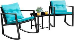 Patio Chairs 3 Piece Wicker Rocking Chair Outdoor Bistro Sets with Coffee Table and Cushions Metal Frame Patio Furniture for Porch, Balcony, Lawn (Blue) Patio Chairs 3 Piece Wicker Rocking Chair Outdoor Bistro Sets with Coffee Table and Cushions Metal Frame Patio Furniture for Porch, Balcony, Lawn (Blue)