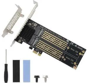 Dual M.2 NVMe to PCIe Adapter with Heat Sink - M-Key B&M Key 2230/2242/2260/2280 SSD NVMe PCIe Card - Low Profile Bracket - Supports PCI-Express X1/X4/X8/X16 Slots Dual M.2 NVMe to PCIe Adapter with Heat Sink - M-Key B&M Key 2230/2242/2260/2280 SSD NVMe PCIe Card - Low Profile Bracket - Supports PCI-Express X1/X4/X8/X16 Slots