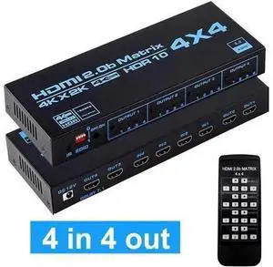 HDMI Matrix Switch 4x4, 4K@60Hz HDMI Matrix Switcher Splitter 4 in 4 Out Box with HDCP2.2 HDR10,EDID and IR Remote Control Support 4K HDR, HDMI 2.0b, HDCP 2.2, 3D,1080P HDMI Matrix Switch 4x4, 4K@60Hz HDMI Matrix Switcher Splitter 4 in 4 Out Box with HDCP2.2 HDR10,EDID and IR Remote Control Support 4K HDR, HDMI 2.0b, HDCP 2.2, 3D,1080P