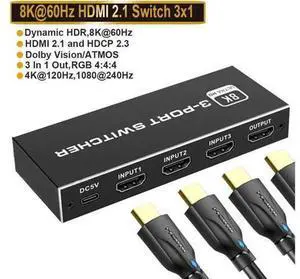 8K HDMI Switch,3 in 1 Out Ultra HD 8K@60Hz 4K@120Hz HDMI Splitter,3 Port High Speed-48Gbps HDMI 2.1 Switch with IR Remote Control-Metallic Black 8K HDMI Switch,3 in 1 Out Ultra HD 8K@60Hz 4K@120Hz HDMI Splitter,3 Port High Speed-48Gbps HDMI 2.1 Switch with IR Remote Control-Metallic Black