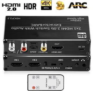 4K@ 60Hz HDMI Audio Extractor Splitter, 2x1 HDMI to HDMI + Optical Toslink SPDIF + 3.5mm Audio Jack + Coaxial + R/L Audio Support ARC and eARC Function, OZV2 4K@ 60Hz HDMI Audio Extractor Splitter, 2x1 HDMI to HDMI + Optical Toslink SPDIF + 3.5mm Audio Jack + Coaxial + R/L Audio Support ARC and eARC Function, OZV2