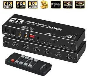 4 in 2 Out HDMI Matrix 4K@60Hz 4x2 HDMI Matrix Switch with IR Remote Control, Support EDID, HDMI 2.0b, HDCP2.2, HDR10, Ultra HD, 3D 4 in 2 Out HDMI Matrix 4K@60Hz 4x2 HDMI Matrix Switch with IR Remote Control, Support EDID, HDMI 2.0b, HDCP2.2, HDR10, Ultra HD, 3D