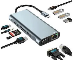 11 in 1 USB C Docking Station Hub , USB C to 4K HDMI, VGA, 1000M Ethernet, USB C, 3*USB 3.0 Ports, 100W USB-C PD, 3.5mm Aux Ports,USB Extender Hub for PC Laptop,MacBook Pro Air, Notebook 11 in 1 USB C Docking Station Hub , USB C to 4K HDMI, VGA, 1000M Ethernet, USB C, 3*USB 3.0 Ports, 100W USB-C PD, 3.5mm Aux Ports,USB Extender Hub for PC Laptop,MacBook Pro Air, Notebook
