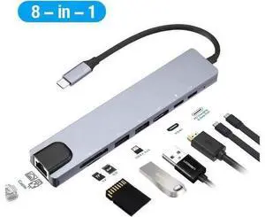 8 in 1 Multiport Type C To USB-C HDMI Adapter USB 3.0 Cable Hub For Macbook,sd card reader,Gray 8 in 1 Multiport Type C To USB-C HDMI Adapter USB 3.0 Cable Hub For Macbook,sd card reader,Gray