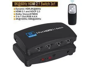 HDMI 2.1 Switch 8K, HDMI Switcher 3 in 1 Out, 3 Port 4K 120Hz HDMI Selector Hub Support 8K@60Hz 48Gbps for Xbox Series X PS4 Pro PS5 Roku UHD TV Monitor Projector HDMI 2.1 Switch 8K, HDMI Switcher 3 in 1 Out, 3 Port 4K 120Hz HDMI Selector Hub Support 8K@60Hz 48Gbps for Xbox Series X PS4 Pro PS5 Roku UHD TV Monitor Projector