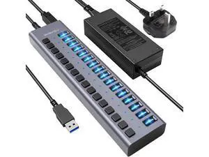 90W Powered USB Hub - 16 Ports USB 3.0 Data Port Aluminum Housing Individual On/Off Switches 12V/7.5A Power Adapter USB Splitter for Laptop PC Computer Printer 90W Powered USB Hub - 16 Ports USB 3.0 Data Port Aluminum Housing Individual On/Off Switches 12V/7.5A Power Adapter USB Splitter for Laptop PC Computer Printer