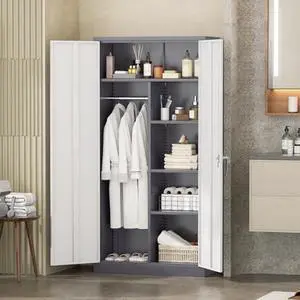 INTERGREAT Wardrobe Cabinets with Locking Doors and Shelves, Clothing Locker 72 X 36 X 18 Storage Cabinets for Home Room, School, Employee,Gym (Gray White) INTERGREAT Wardrobe Cabinets with Locking Doors and Shelves, Clothing Locker 72 X 36 X 18 Storage Cabinets for Home Room, School, Employee,Gym (Gray White)