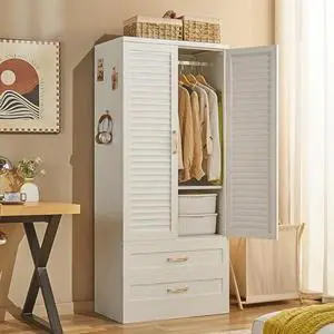 71" Freestanding Metal Wardrobe Closet with Drawers and Hanging Rod, Modern Steel Armoire for Bedroom Storage 71" Freestanding Metal Wardrobe Closet with Drawers and Hanging Rod, Modern Steel Armoire for Bedroom Storage