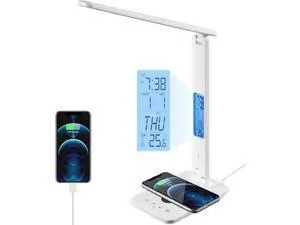 LED Desk Lamp with Wireless Charger, USB Charging Port, Table Lamp with Clock, Alarm, Date, Temperature, Desk Lamps for Home Office,White LED Desk Lamp with Wireless Charger, USB Charging Port, Table Lamp with Clock, Alarm, Date, Temperature, Desk Lamps for Home Office,White
