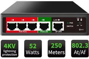 5 Port AI PoE Switch (4 POE Ports +1 Uplink), 802.3af/at PoE 100Mbps, 52W Built-in Power, Extend to 250Meter, Unmanaged Metal Plug and Play 5 Port AI PoE Switch (4 POE Ports +1 Uplink), 802.3af/at PoE 100Mbps, 52W Built-in Power, Extend to 250Meter, Unmanaged Metal Plug and Play