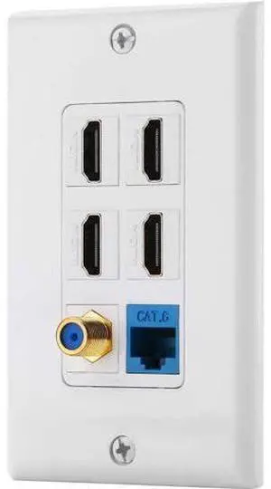 IBL-6 Port Wall Plate with 1 Port Cat6+ 4 Port HDMI +1 Port Gold-Plated F Type coaxial Cable TV Keystone Female to Female Jack in White IBL-6 Port Wall Plate with 1 Port Cat6+ 4 Port HDMI +1 Port Gold-Plated F Type coaxial Cable TV Keystone Female to Female Jack in White