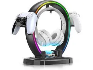 RGB Headphone & Controller Stand with 9 Light Modes - Foldable Controller Hanger for Desk - Earphone Stand with Cable Organizer - for Gamers Desktop Accessories RGB Headphone & Controller Stand with 9 Light Modes - Foldable Controller Hanger for Desk - Earphone Stand with Cable Organizer - for Gamers Desktop Accessories