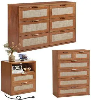 LEYAOYAO Rattan Dressers & Night Stand Set of 3, Boho Wood 48" Wide Dresser & 41"Tall Chest of Drawers, 23" with Charging Station Nightstand, Bedroom Furniture Dresser Set for Home Living Room Hallway LEYAOYAO Rattan Dressers & Night Stand Set of 3, Boho Wood 48" Wide Dresser & 41"Tall Chest of Drawers, 23" with Charging Station Nightstand, Bedroom Furniture Dresser Set for Home Living Room Hallway