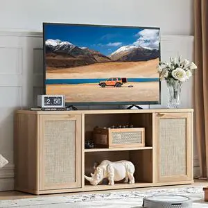 LEYAOYAO Rattan TV Stands for Living Room, Boho TV Cabinet with Storage and Open Shelf, Rustic Wood Entertainment Center, Media Console for 50-65 Inch TV, Natural Wood LEYAOYAO Rattan TV Stands for Living Room, Boho TV Cabinet with Storage and Open Shelf, Rustic Wood Entertainment Center, Media Console for 50-65 Inch TV, Natural Wood