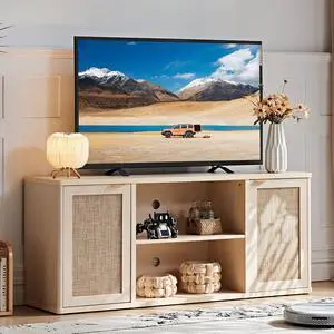 LEYAOYAO Rattan TV Stands for Living Room, Boho TV Cabinet with Storage and Open Shelf, Rustic Wood Entertainment Center, Media Console for 50-65 Inch TV, Light Wood LEYAOYAO Rattan TV Stands for Living Room, Boho TV Cabinet with Storage and Open Shelf, Rustic Wood Entertainment Center, Media Console for 50-65 Inch TV, Light Wood