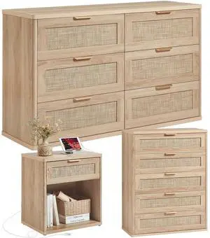 Rattan Dresser and Nightstand Set of 3, Boho Wood Dresser for Bedroom with 6 Drawers and Night Stand with Charging Station, Bedroom Furniture, Dressers & Chests of Drawers,Hallway,Living Room Rattan Dresser and Nightstand Set of 3, Boho Wood Dresser for Bedroom with 6 Drawers and Night Stand with Charging Station, Bedroom Furniture, Dressers & Chests of Drawers,Hallway,Living Room